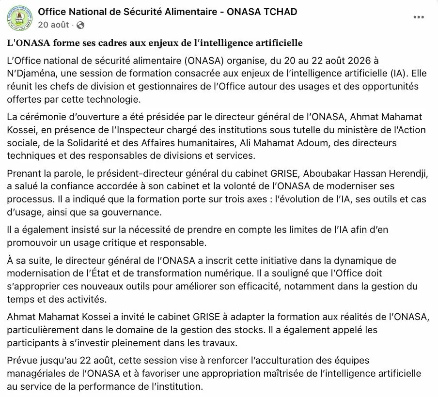 Publication de l'ONASA du 20 août 2026 sur la formation à l'intelligence artificielle animée par GRISE